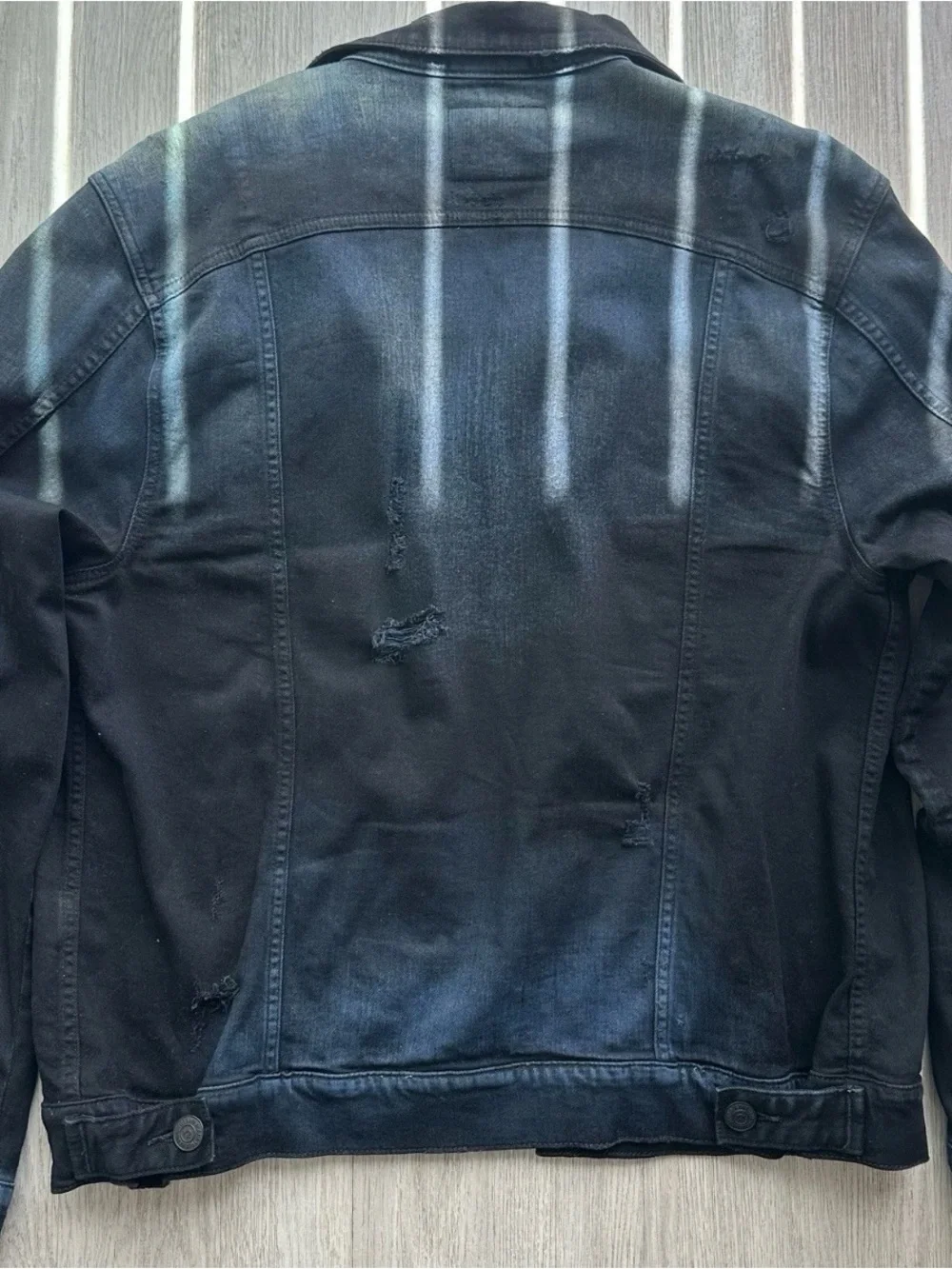 True Religion Men's Black Washed Denim Jacket with Faded Blue Accents